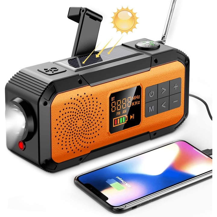 Радио, соларно, многофункционално, преносимо, водоустойчив Bluetooth високоговорител, фенерче, SOS аларма, ръчно динамо, USB външна батерия, AM/FM/BT, аварийно, цифров дисплей, кабел, ръчно и соларно зареждане, оранжев