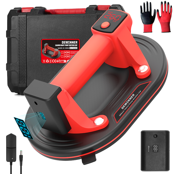 Ventuza Electrica Profesionala, DEWINNER, Reincarcabila, Baterie 3000mAh, Afisaj digital, Vacum cu afisaj LED, pentru ridicat materiale grele, sticla, usi, geamuri, gresie, Rosu/Negru