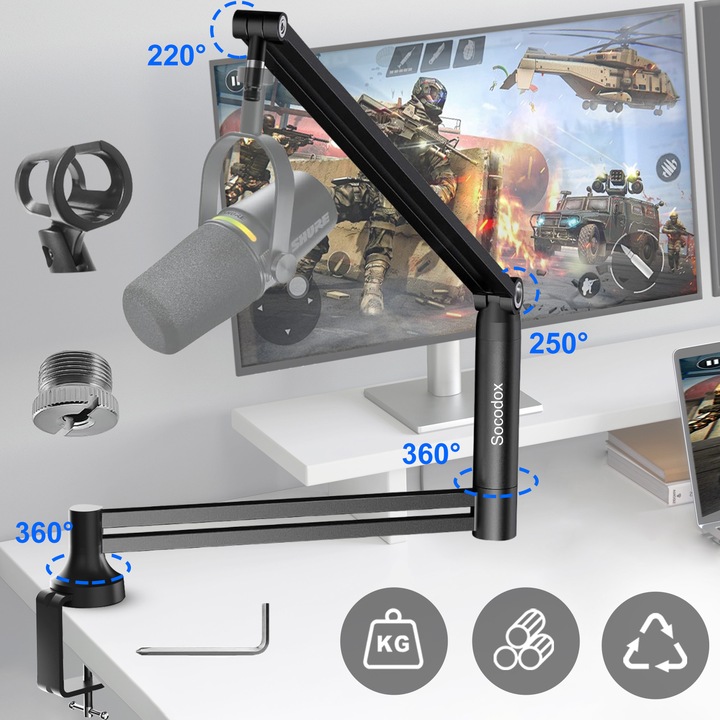 Професионална стойка за микрофон, Socodox, със скоба за маса, регулируема на 360°, максимално натоварване 1.5 кг, за стрийминг, игри, запис, офис, метална, черна