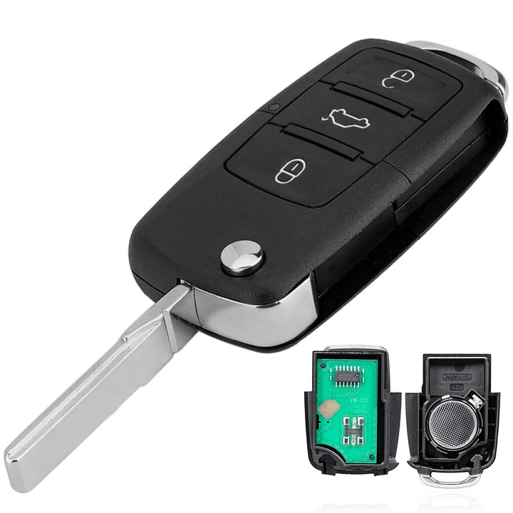 Cheie auto completa telecomanda pentru VW Passat Beetle Golf Polo Bora Skoda Fabia Roomster Seat Leon Toledo 3 Butoane 433Mhz + ID48 Chip FCC ID: 1J0959753DA