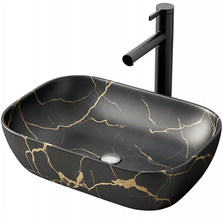 Blat chiuveta marmura neagra mata cu nervuri ceramica ovala 46, 5x33 cm MUVU