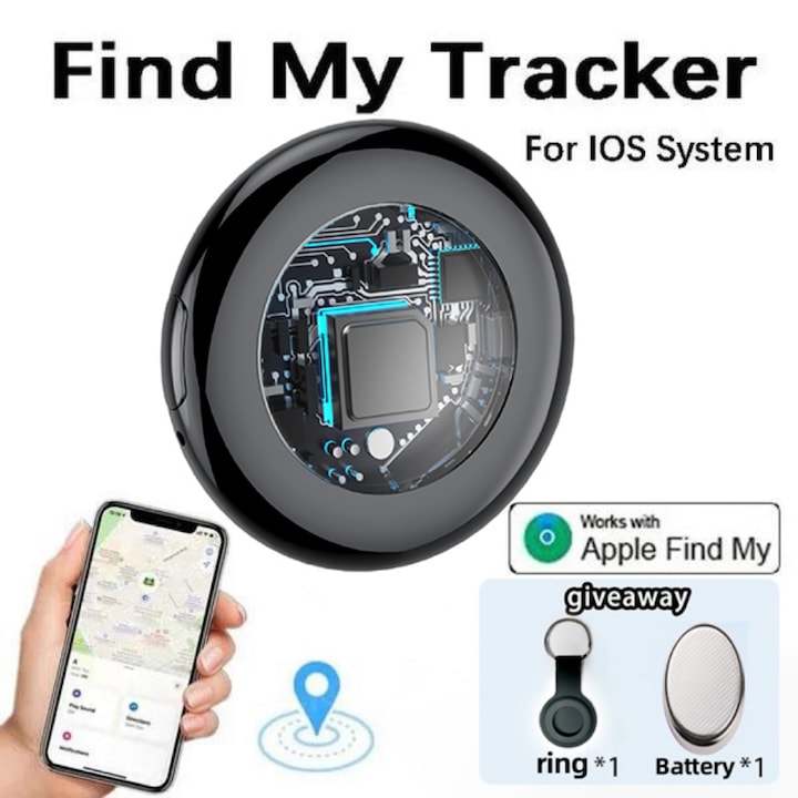 Мини GPS тракер против загуба, глобално позициониране, MFi сертифициран, съвместим само с iOS, ултра дълъг живот на батерията, 10-12 месеца в режим на готовност, използва се за предотвратяване на загуба на домашни любимци, чанти, ключове, черен цвят