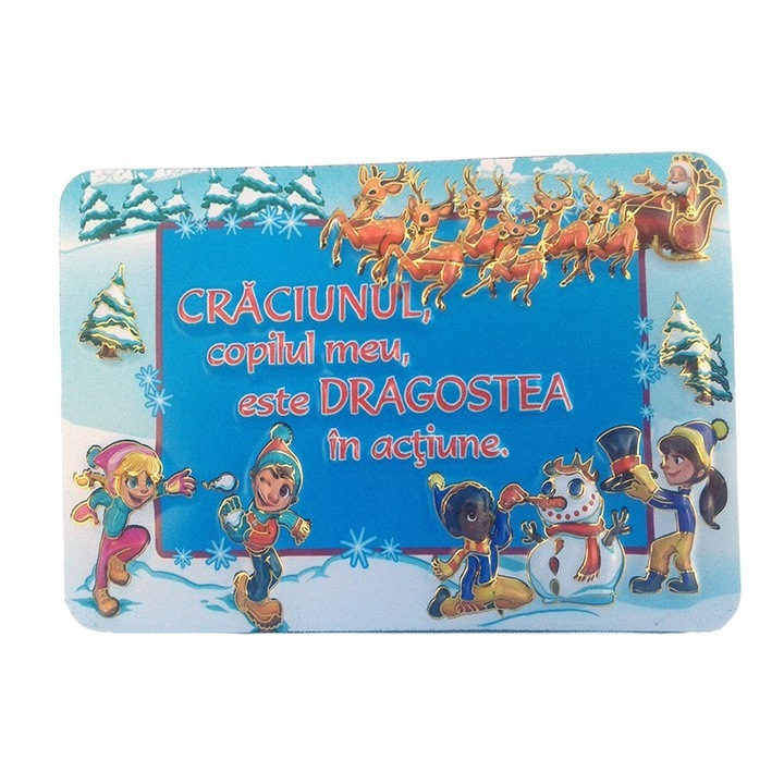 Magnet din hartie plastifiata cu desene si dedicatii pentru Craciun, M1, 10X7 cm