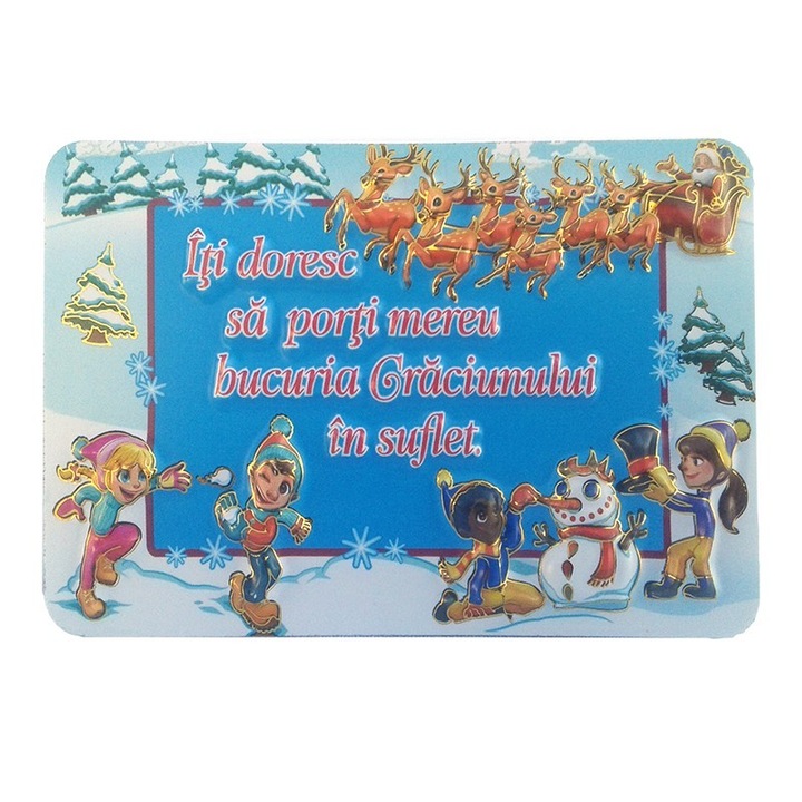 Magnet din hartie plastifiata cu desene si dedicatii pentru Craciun, M2, 10X7 cm