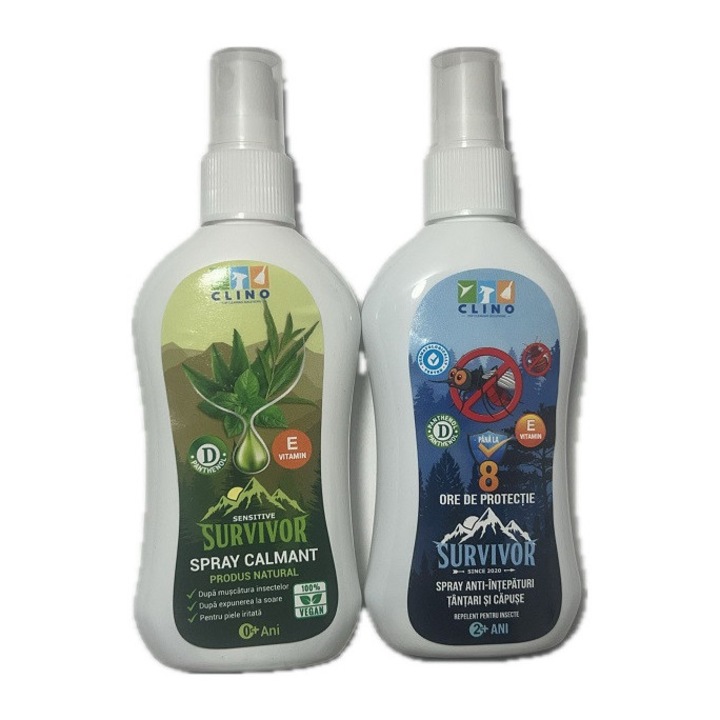 Pachet 1+1 Survivor Spray Repelent Clino anti-intepaturi tantari si capuse 100ml + Survivor Spray Clino calmant dupa intepatura tantarilor 100% natural 100ml