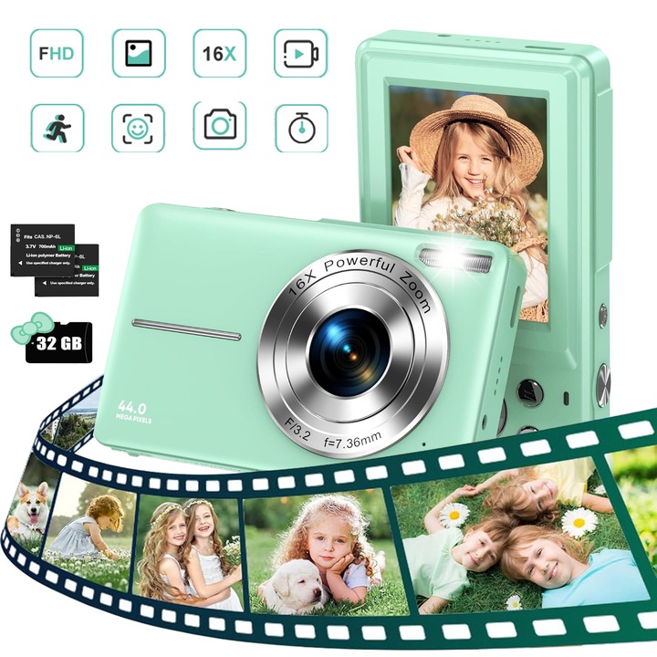 Camera foto compacta Lynker®, Aparat foto digital, camera digitala HD pentru acasa, mini camera foto pentru copii, Camera digitala HD 1080P 44MP reincarcabila cu zoom digital 16X, blit de umplere incorporat, portabila, pentru copii, incepatori, verde