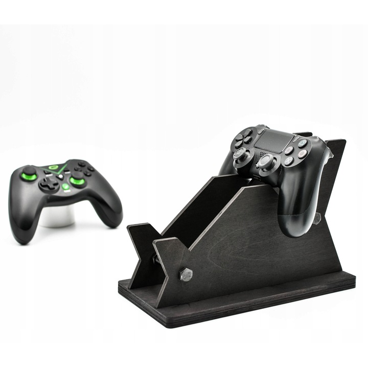 Suport pentru doua controllere si casti, Swam, design modern, 15x23x12cm, negru
