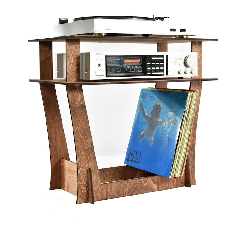 Raft pentru gramofon si placi vinil, Swam, 60x38x55cm, culoare maro, loc pentru aproximativ 60 placi, usor de montat