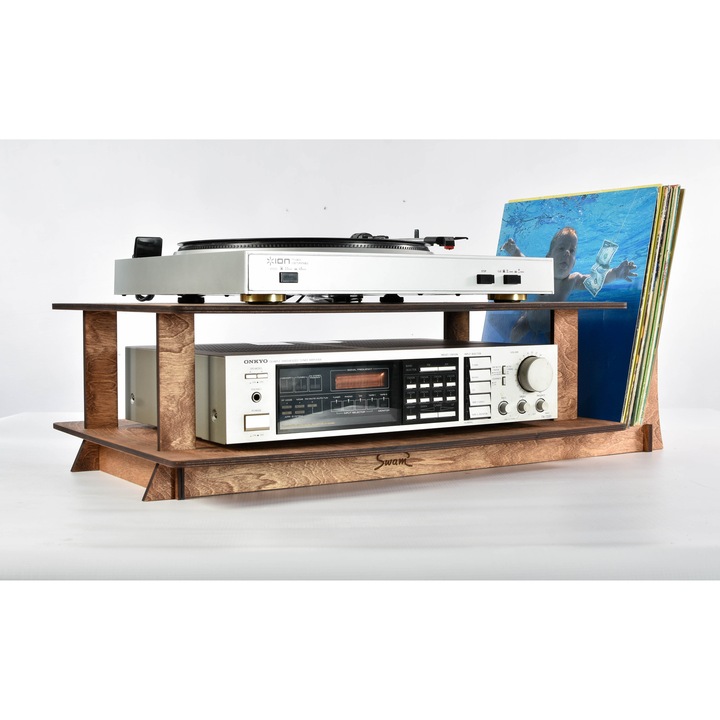 Lemeztartó polc gramofonnak és bakelitlemezeknek, Swam, 74x38x25cm, 25 lemezhez, barna