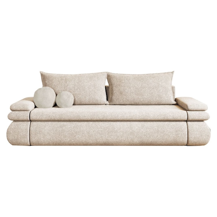Canapea Molly, extensibila, cu lada depozitare, stofa plusata, 236 x 100 x 90 cm, Crem