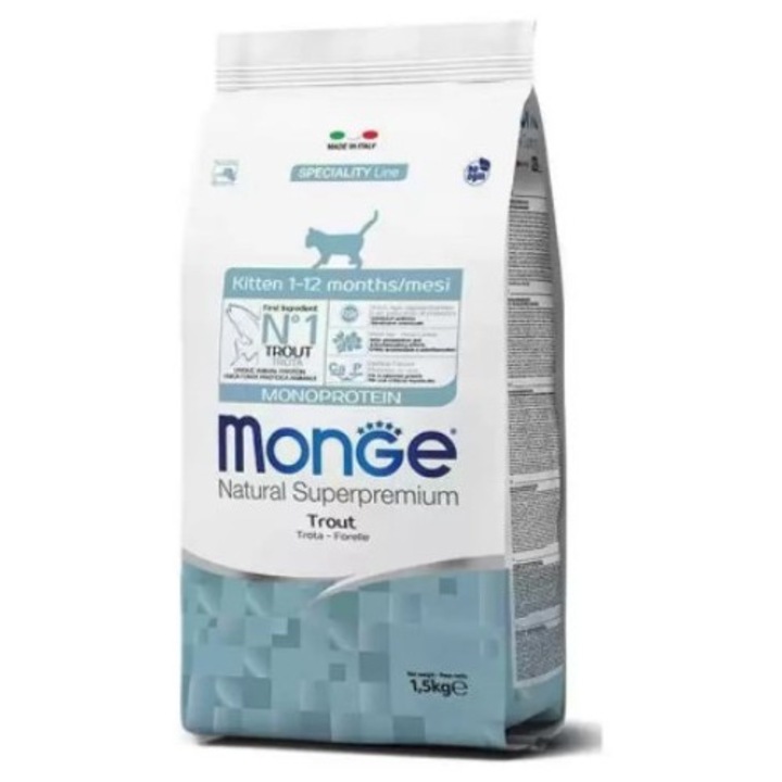 Hrana uscata pentru pisicute Monge cu aroma de pastrav, 1.5kg