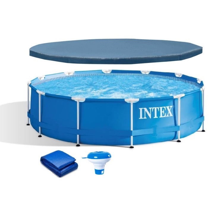 Басейн с метална рамка Intex, D305xH76, брезент за покрив, носещ брезент
