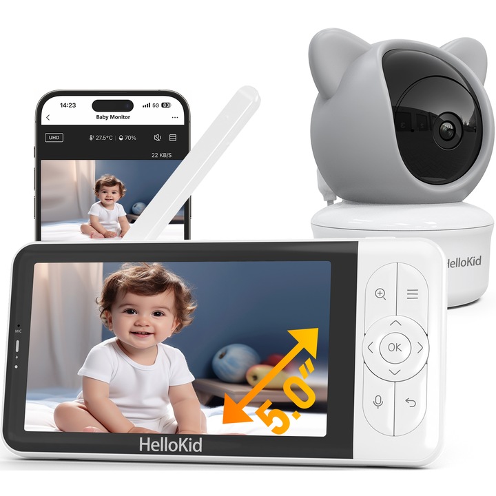 Бебешки монитор WiFi/NO WiFi 4в1 MaxView HelloKid™ Y6 2K UHD/5“ Нощно виждане, APP, проследяване на движението 355°/120°, планове/движение, температура/влажност, увеличение 4Х, 3000mAh, бял шум, SD карта и облачно съхранение, бял