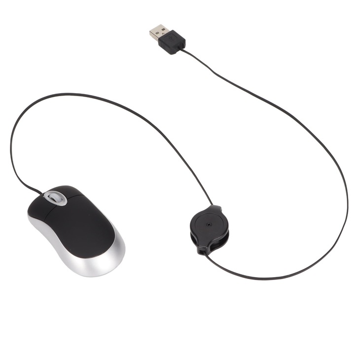 Оптична мишка с прибиращ се кабел 0807BM-BSTY00255934, мини, USB, кабел 68 см, черно/сребристо
