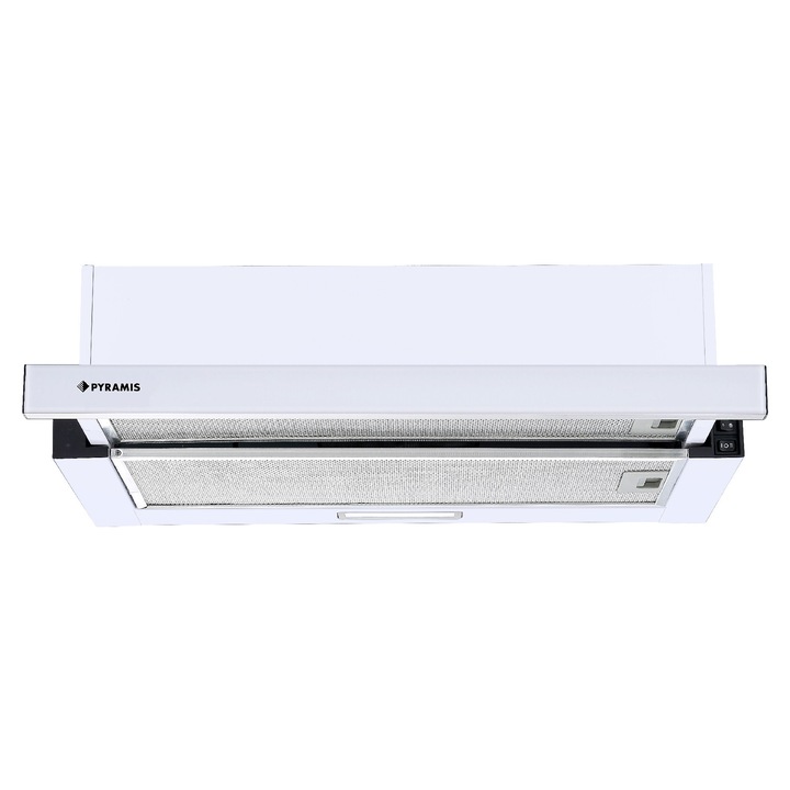 Hota telescopica Pyramis Sliding ATM2, putere de absorbtie 328mc/h, 2 motoare, 60cm, finisaj metal vopsit si sticla alba