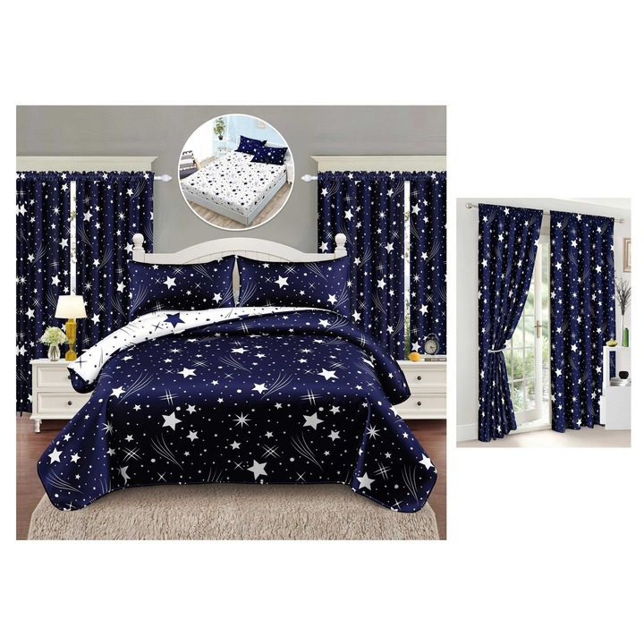 Set Lenjerie de pat CHIRASO, cu Draperie asortata, FINET, 6 piese, Cearceaf cu elastic 140 x 200 cm, Cearceaf pilota 160 x 200 cm, 2 fete perna 55 x 75 cm si 2 buc. Draperie 150 x 230 cm, albastru inchis-alb