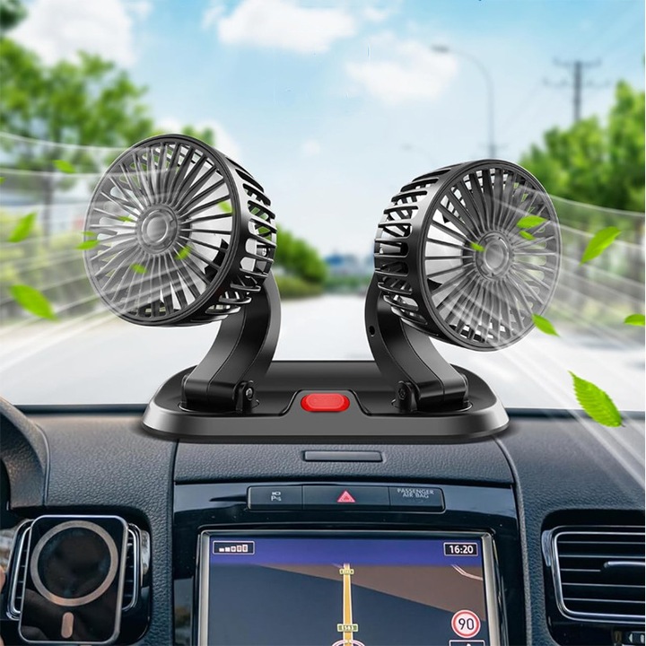 Ventilator dublu pentru masina, 2 trepte de viteza, rotire 360 grade, alimentat prin USB, Potrivit pentru majoritatea masinilor, Negru （A001）
