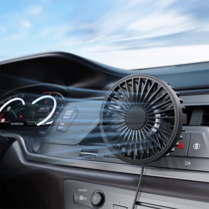 Ventilator auto, auto Ventilator USB pentru ventilatia masinii, 3 trepte de viteza, rotire 360 grade, alimentat prin USB, Potrivit pentru majoritatea masinilor, Negru (A001)