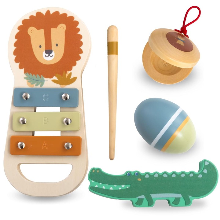 Set Instrumente Muzicale, Mamabrum, Mam188 Lion Inst, Calitate Superioara A Lemnului, Caracter Ecologic, Adaptate La Dimensiunea Mainilor Celor Mici, Design Atragator, Motiv De Animale Africane, Multicolor