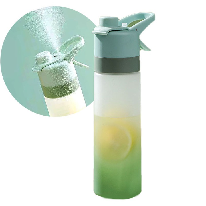 Sticla portabila de sport cu spray racoritor，generoasa de 650 ml，Plastic, extrem de usor 162g，26.5 x 7 cm, Verde