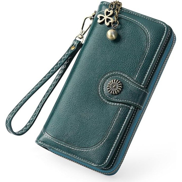 Дамски портфейл, двойно сгъваем, с множество отдел. за карти, джоб за монети с цип, каишка за китка, с RFID защита, 19,5 см × 11 см × 4,5 см, пауново синьо