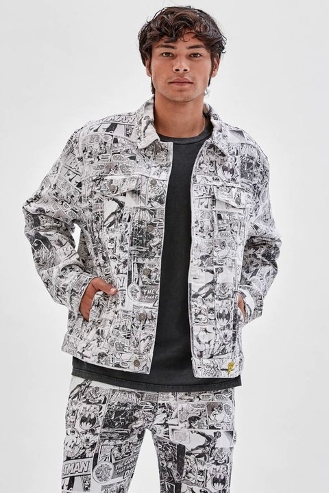 Дънково яке Guess Originals, Принт на Батман и комикси, Бял