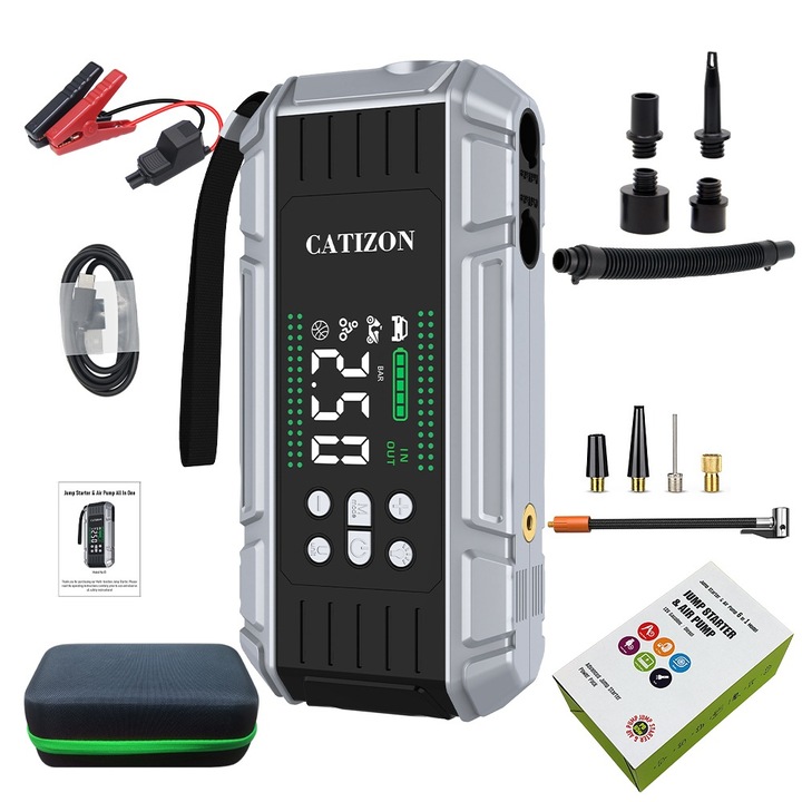 CATIZON 6 в 1 многофункционален стартер за кола, Power Bank 24800mah 4000A, въздушен компресор, автомобилен токоизправител, вентилатор, външна батерия 65W