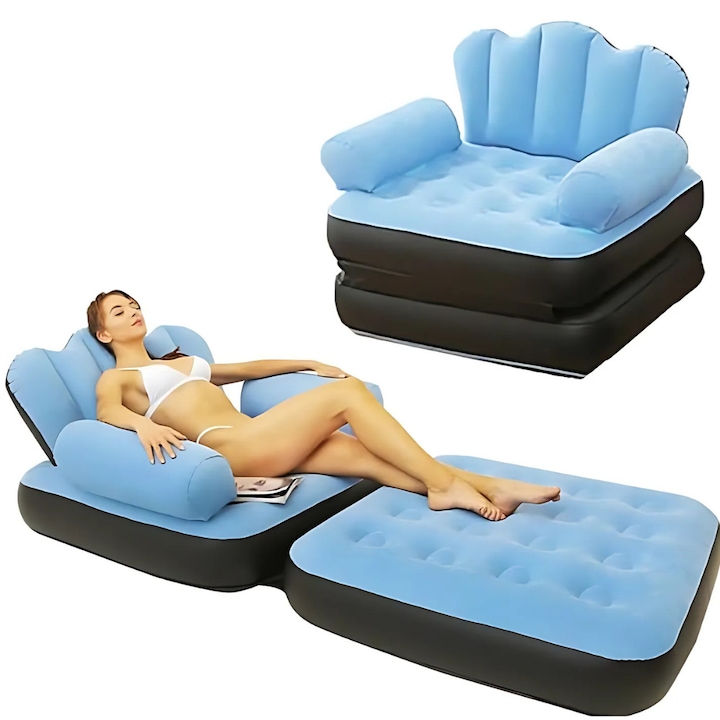 Fotoliu Gonflabil Macvi® XL 2 in 1 Portabil Pentru Interior, Exterior, Camping sau Plaja, Design Ergonomic, 100x88x90 cm, Albastru