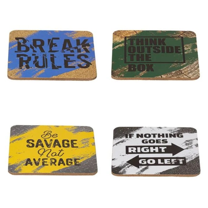 Set 4 suporturi pahare 10 × 10 cm, colorate cu mesaje amuzante – protectie stylish pentru masa