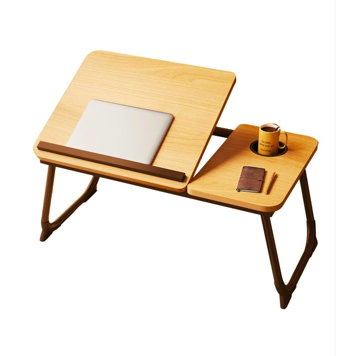 Masa Pliabila pentru Laptop cu Suport pentru Pahar, Reglabila pe Inaltime 5 Pozitii, 55.3 x 24 x 32 cm, Crem