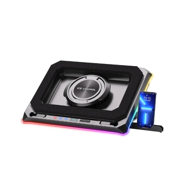 Cooler Laptop cu Turboventilare, Adsinio, Banda de Lumina RGB, Pentru Laptopuri de Gaming, Ventilare Reglabila 300-3000 RPM, 1 Ventilator, Negru