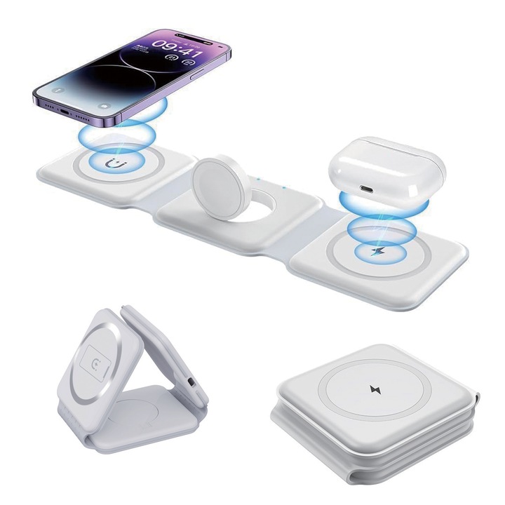 3 az 1-ben összecsukható vezeték nélküli töltő Apple telefonokhoz, fejhallgatókhoz, okosórákhoz, Magsafe, USB-C, kompatibilis bizonyos Samsung, Huawei és Xiaomi sorozatokkal, kompakt, mágneses, hordozható és ultra csendes kialakítás, fehér