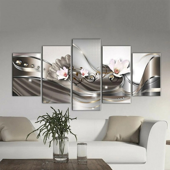 Set 5 tablouri canvas flori moderne, roz-verde, 20x30x40x50cm