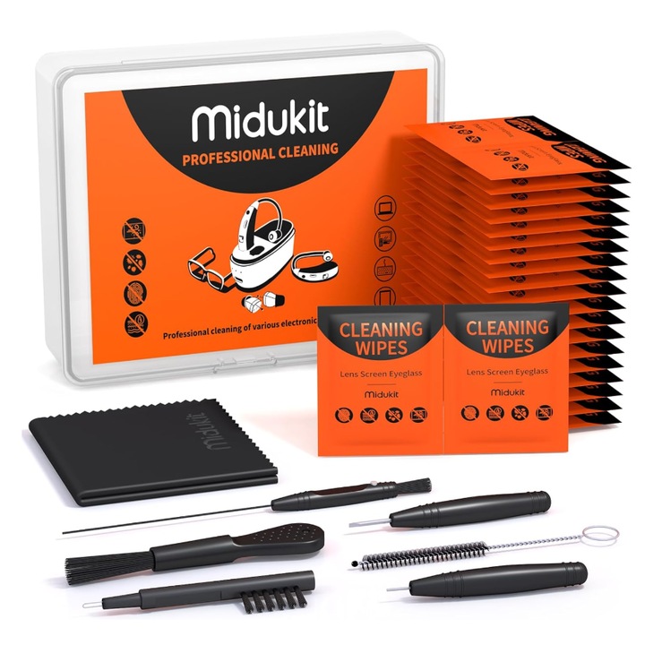 Set curățare aparate auditive MIDUKIT, 40 șervețele umede, 6 unelte, etui de buzunar