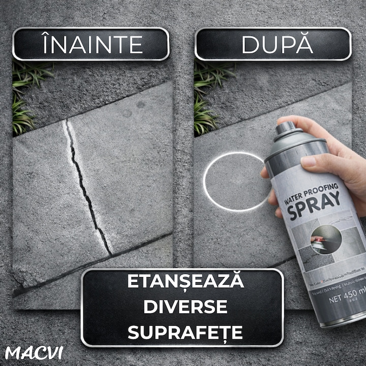 Spray Etansare Macvi® 450ml Hidroizolatie Rapida, Impermeabilizare Crapaturi, Protectie de Lunga Durata, Gri