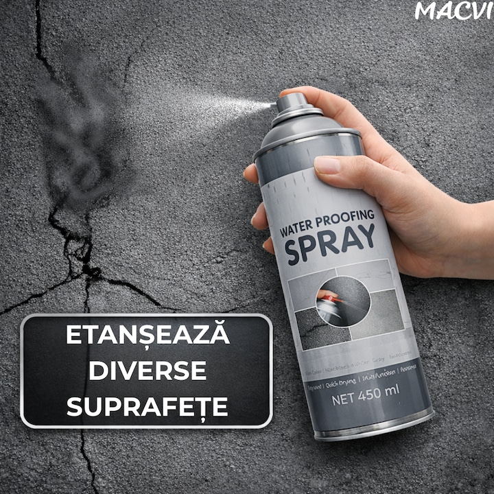 Spray Etansare Macvi® 450ml Hidroizolatie Rapida, Impermeabilizare Crapaturi, Protectie de Lunga Durata, Gri