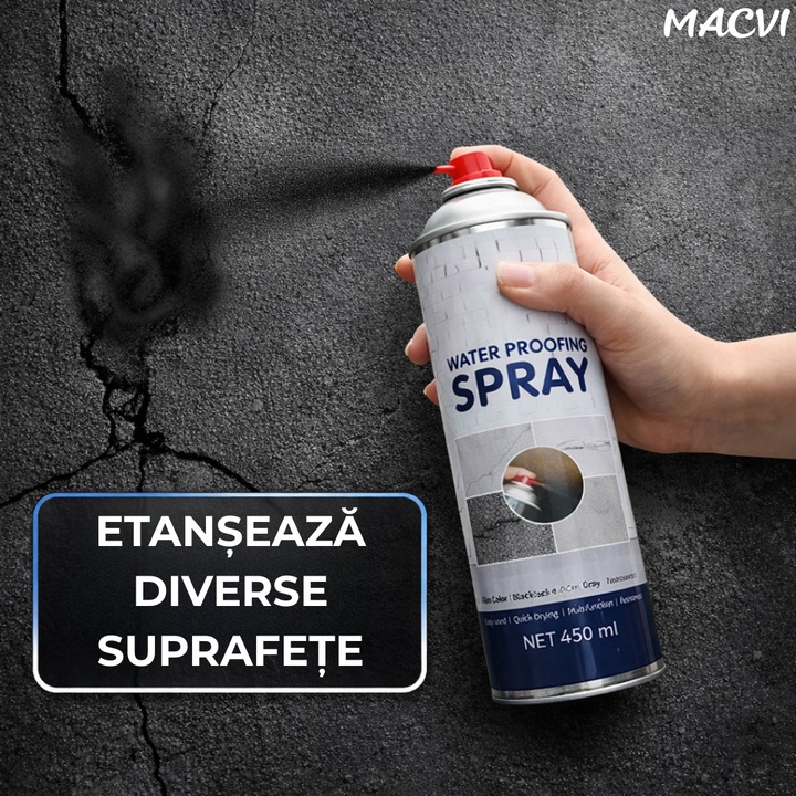 Spray Etansare Macvi® 450ml Hidroizolatie Rapida, Impermeabilizare Crapaturi, Protectie de Lunga Durata, Negru