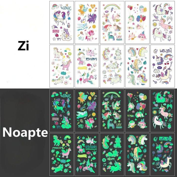 Set 200 Inorog Tatuaje Fosforescente Color Temporare, pentru copii de 3+ ani, Material sigur, Rezistente la apa, Bluvista®, Multicolor