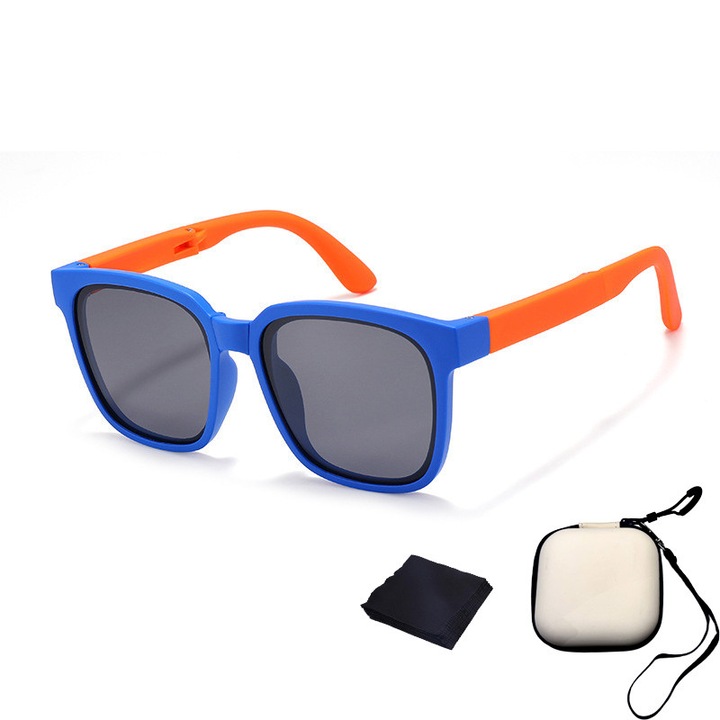 Детски слънчеви очила, сгъваеми, поляризирани, UV400, TAC HD лещи, гъвкава TPEE рамка, с удароустойчив калъф и кърпичка за почистване, тъмносиньо/оранжево
