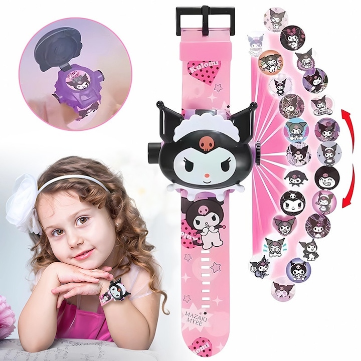 Ceas Proiectie Copii cu 24 Modele Anime 3D, AjieQaQ, Ceas Educativ cu Design Flip Interactiv, Cadou Zambitor pentru Ziua Copilului 3-12 Ani, violet rozaliu