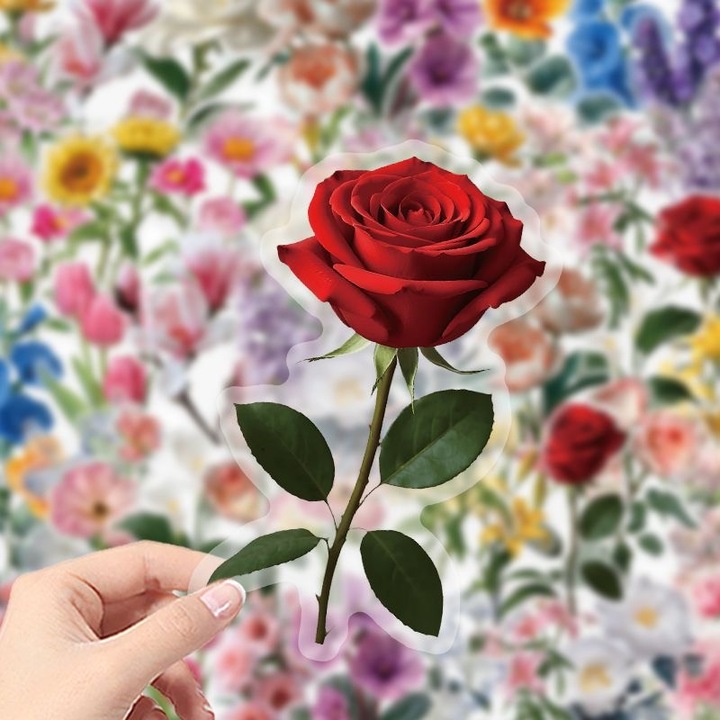 Virágos Matricakészlet (Rózsák, Tulipánok, Napraforgók) – 50 Darabos Vízálló PET Matrica Szett Tárolódobozzal – Tökéletes Díszítés Laptopra, Telefonra, Palackra, Bögrére