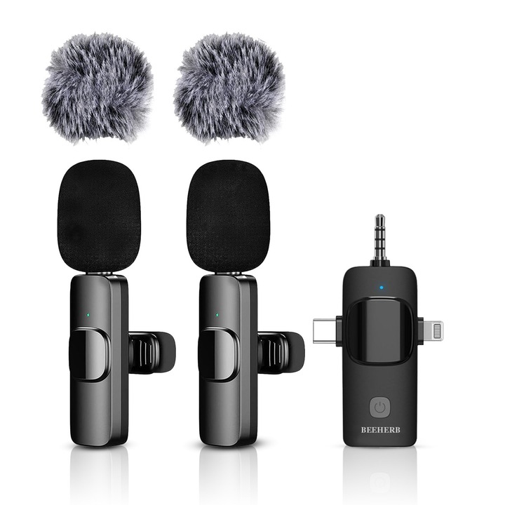 Комплект от 2 професионални лавалиер микрофона, Beeherb®, интелигентно шумопотискане, безжично предаване, 3-интерфейсен приемник, за интервюта, предаване на живо, видеозаснемане, съвместим с Android, IOS, Microsoft и др., черен