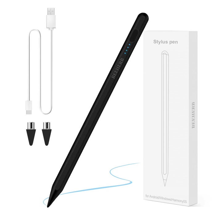 Универсален стилус, Beeherb, За мобилни телефони или таблети с Android и Windows, Apple, Магнитен, Бързо зареждане с USB-C, Дълго време на готовност, Черен