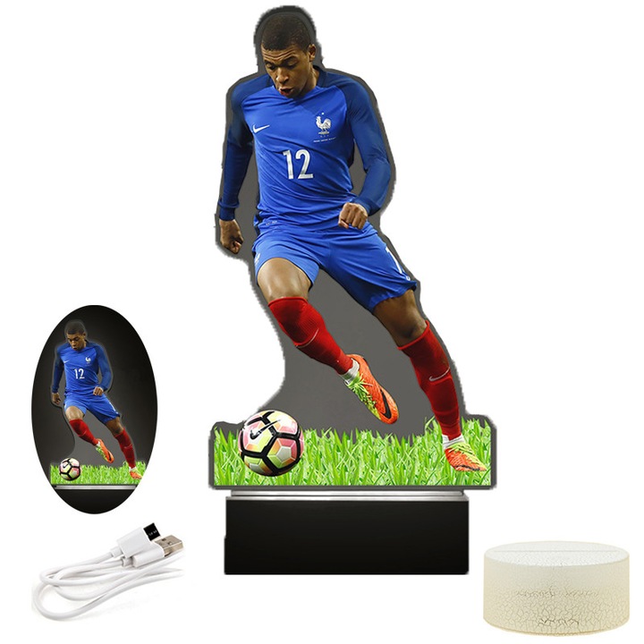 Lampa De Veghe LED, Fudisenn®，Figurine Kylian-Mbappe, Iluminare ambientala，Alimentare USB，Lumina de noapte，Jucarii pentru copii，Abajur acrilic，Comutator cu buton，Baza din lemn de fag alb，18×12mm