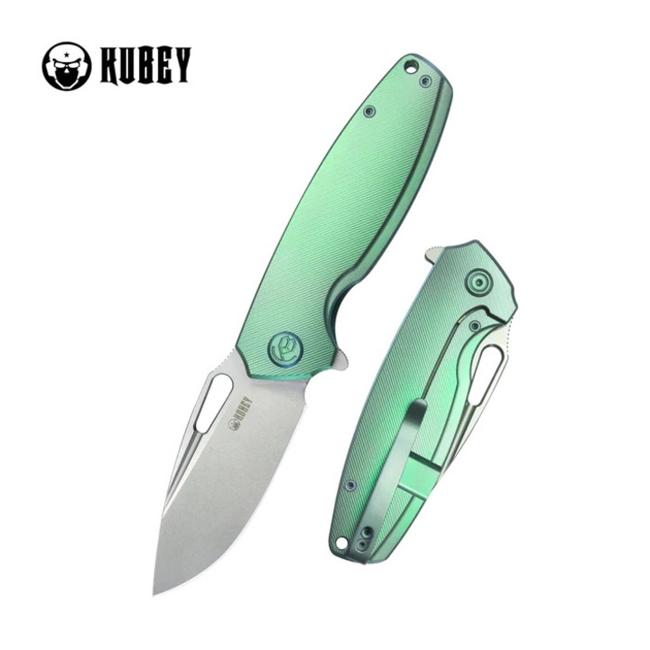 Cutit Pliabil, Kubey Tityus Green Titanium, Bead Blasted 14C28N (KB360B), Otel, Vanatoare, Multifunctional, Maner Ergonomic, Rezistent la Abraziune, 208 x 3.1 mm, 143 g, Verde