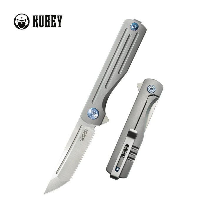 Cutit Pliabil, Kubey Musō Grey Titanium, Belt Satin M390 by Tiguass (KB244A), Otel, Vanatoare, Multifunctional, Maner Ergonomic, Rezistent la Abraziune, 178 x 3.1 mm, 75 g, Gri