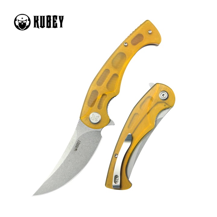 Cutit Pliabil, Kubey Scimitar Yellow Ultem, Beadblasted 14C28N (KU173G), Otel, Vanatoare, Multifunctional, Maner Ergonomic, Rezistent la Abraziune, 214 x 3.5 mm, 118 g, Galben