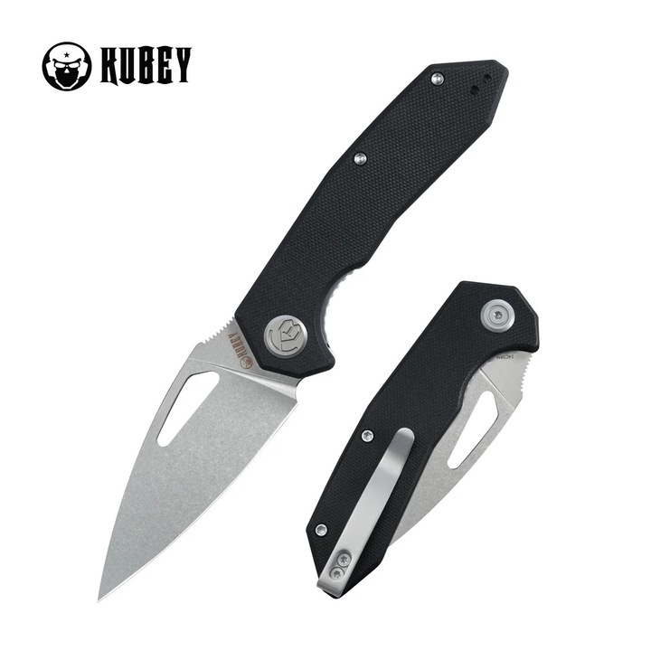 Cutit Pliabil, Kubey Coeus Black G10, Stonewashed 14C28N (KU122U), Otel, Vanatoare, Multifunctional, Maner Ergonomic, Rezistent la Abraziune, 185 x 3.1 mm, 93 g, Negru