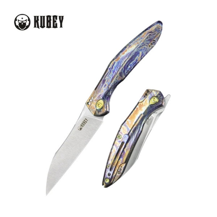 Cutit Pliabil, Kubey Barracuda Flamed Titanium, Satin M390 by Parsons Bladeworks (KB299E), Otel, Vanatoare, Multifunctional, Maner Ergonomic, Rezistent la Abraziune, 188 x 3.1 mm, 80 g, Multicolor