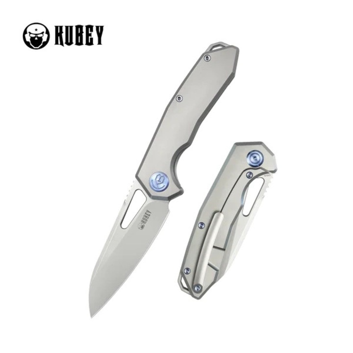 Cutit Pliabil, Kubey Vagrant Gray Titanium, Beadblasted CPM S35VN by Maksim Tkachuk (KB284F), Otel, Vanatoare, Multifunctional, Maner Ergonomic, Rezistent la Abraziune, 180 x 3.1 mm, 97 g, Gri